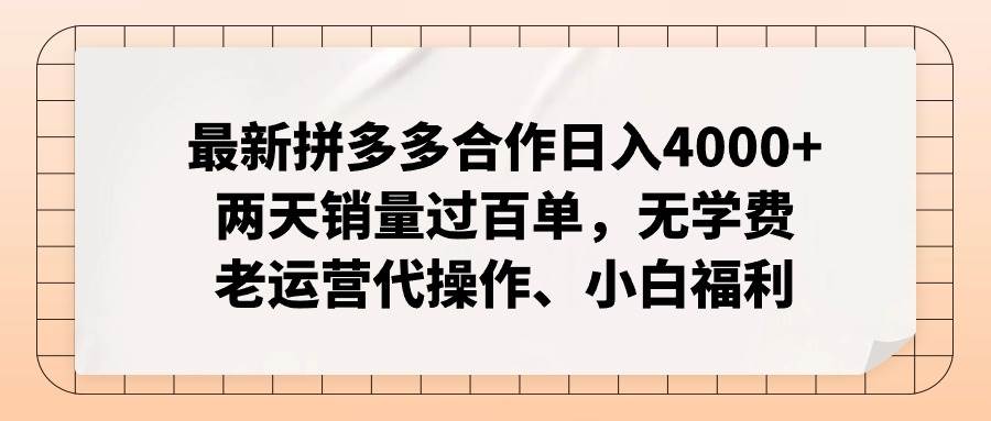 最新拼多多合作日入4000+两天销量过百单，无学费、老运营代操作、小白福利-先锋思维